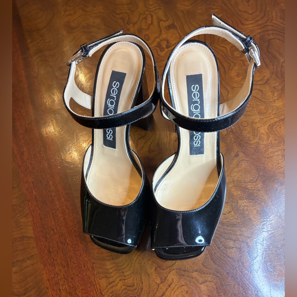 Sergio Rossi Milano Black Patent Open-Toe Ankle Strap Heels